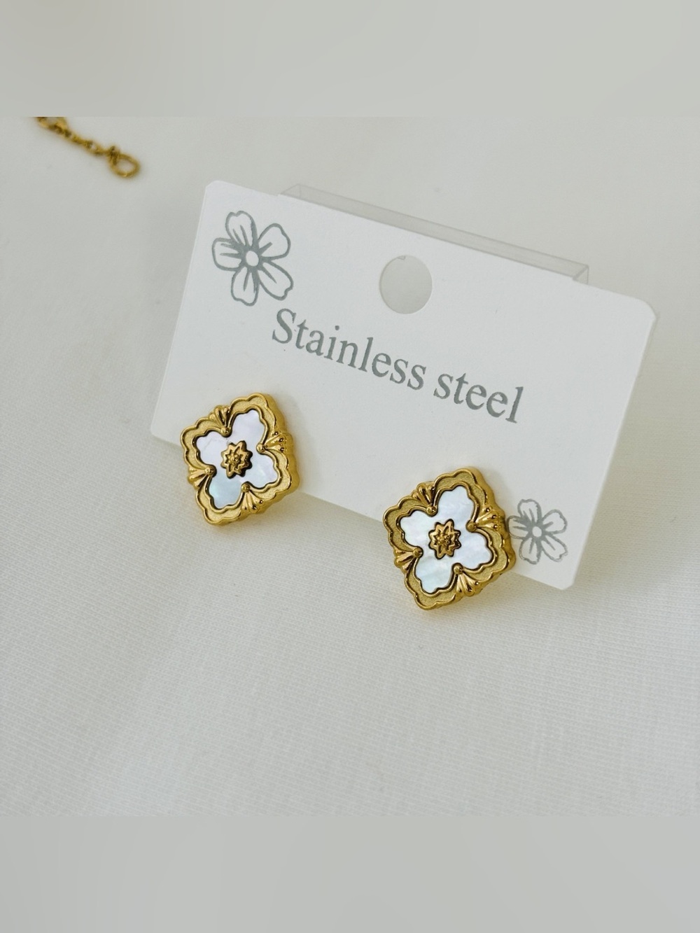 Gold & White Floral Statement Stud Earrings - Picture 2 of 10